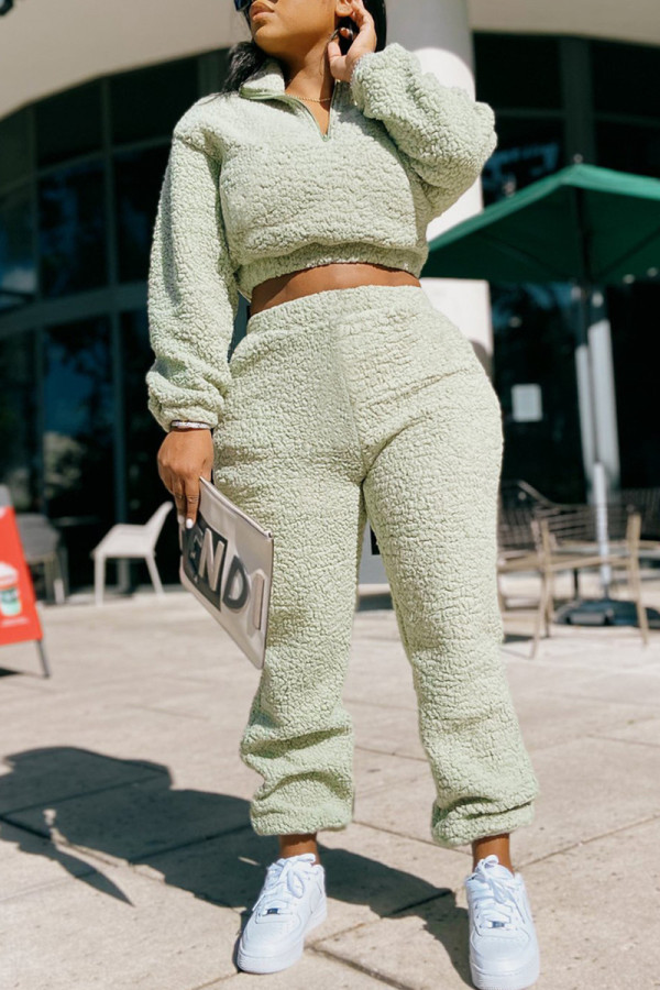 Green Fashion Casual Solid Basic Zipper Collar Long Sleeve Two Pieces