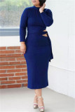 Green Fashion Casual Solid Bandage Hollowed Out O Neck Long Sleeve Dresses