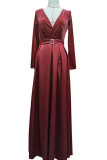 Burgundy Elegant Solid Patchwork V Neck A Line Dresses