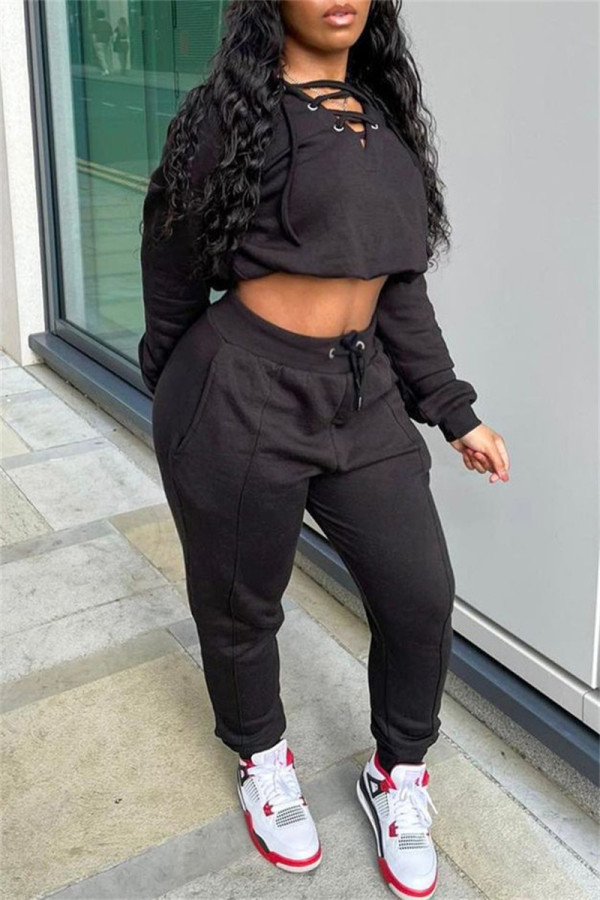 Black Fashion Casual Solid Hollowed Out V Neck Long Sleeve Two Pieces