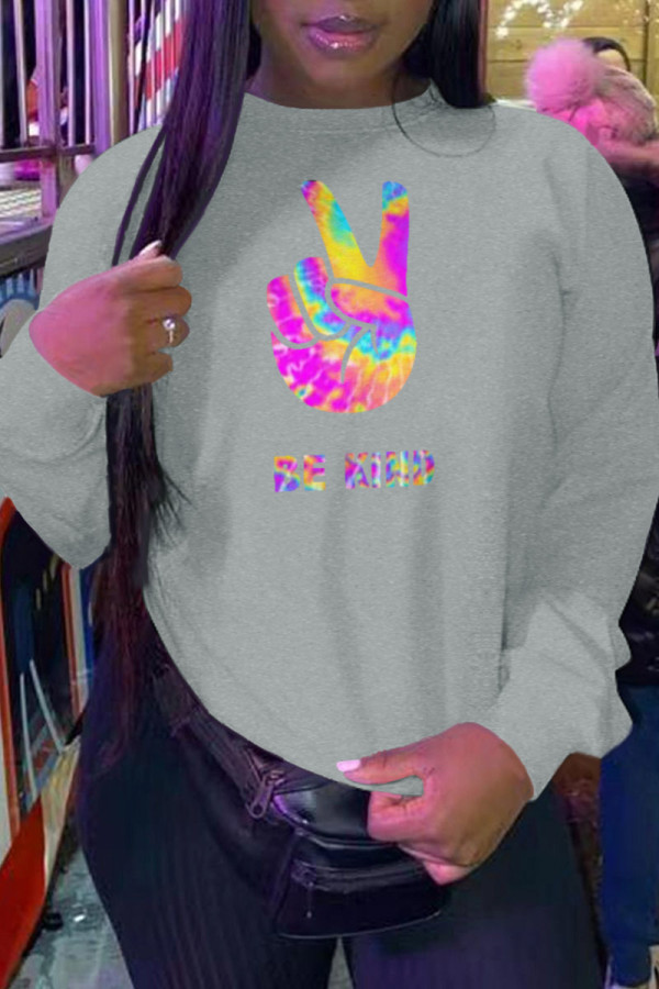 Grey Casual Street Print Split Joint O Neck Tops