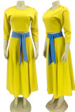 Yellow Casual Solid Patchwork O Neck Three Quarter Two Pieces