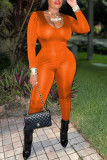 Orange Fashion Casual Solid Draw String Backless V Neck Skinny Jumpsuits