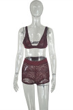 Purplish Red Fashion Sexy Solid Hollowed Out See-through Backless V Neck Sleeveless Two Pieces