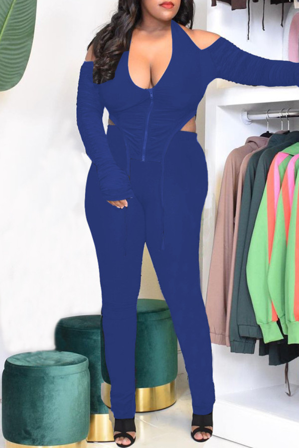 Blue Sexy Casual Solid Backless Fold Asymmetrical Halter Long Sleeve Two Pieces