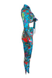 Blue Fashion Sexy Print Tie Dye Bandage Turndown Collar Long Sleeve Two Pieces