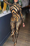 Black Fashion Casual Print Basic Turtleneck Skinny Jumpsuits