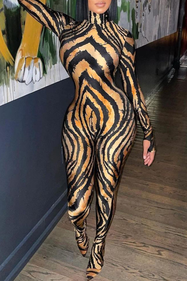 Black Fashion Casual Print Basic Turtleneck Skinny Jumpsuits