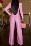 Rose Red Fashion Casual Solid With Belt V Neck Regular Jumpsuits