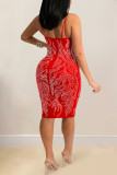 Red Sexy Solid Patchwork Hot Drill Spaghetti Strap Sling Dress Dresses