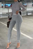 Grey Fashion Sexy Solid See-through Turtleneck Long Sleeve Two Pieces
