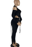 Blue Sexy Casual Solid Backless Fold Asymmetrical Halter Long Sleeve Two Pieces