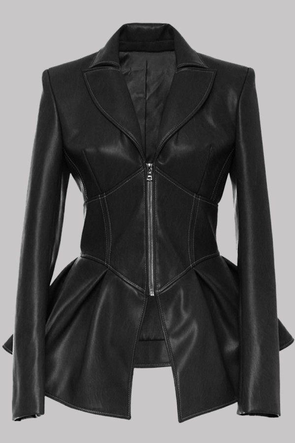 Black Fashion Casual Solid Patchwork Turndown Collar Outerwear