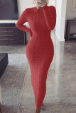 Watermelon Red Fashion Casual Solid Basic O Neck Long Sleeve Dresses