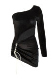 Black Fashion Sexy Solid Hollowed Out Backless Oblique Collar Long Sleeve Dresses