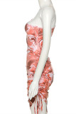 Pink Fashion Sexy Print Draw String Oblique Collar Long Sleeve Dresses