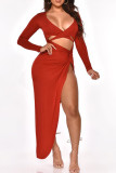 Tangerine Red Fashion Sexy Solid Hollowed Out Slit V Neck Long Sleeve Dresses