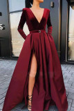 Burgundy Elegant Solid Patchwork V Neck A Line Dresses