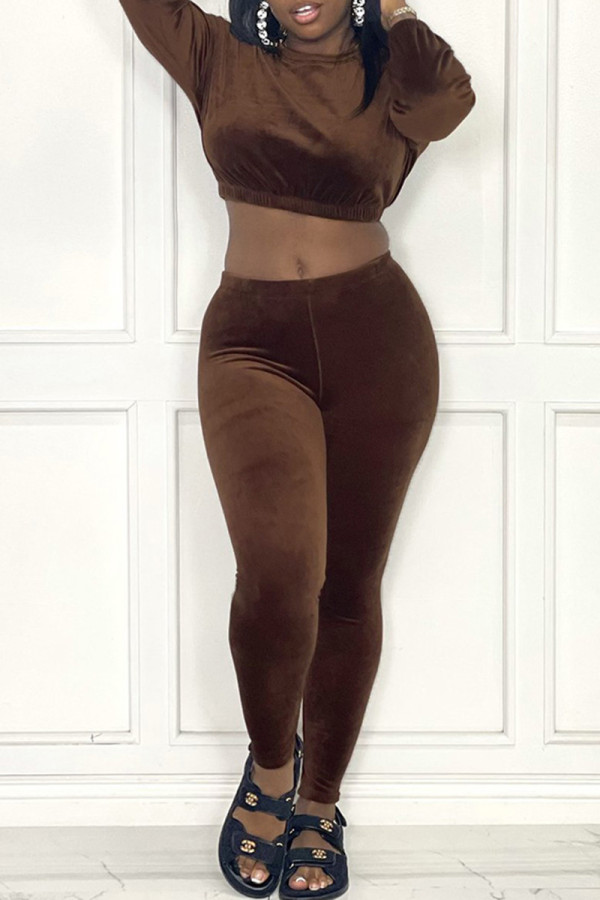 Coffee Fashion Casual Solid Basic O Neck Long Sleeve Two Pieces