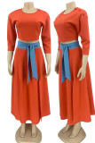 Yellow Casual Solid Patchwork O Neck Three Quarter Two Pieces