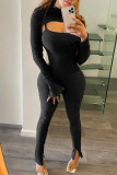 Black Fashion Casual Solid Hollowed Out Turtleneck Long Sleeve Two Pieces