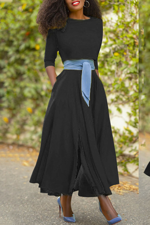 Black Casual Solid Patchwork O Neck Three Quarter Two Pieces