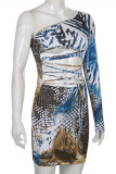 Multicolor Fashion Sexy Print Bandage Hollowed Out Oblique Collar Long Sleeve Dresses