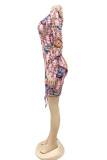 Pink Fashion Sexy Butterfly Print Bandage Hollowed Out Turtleneck Long Sleeve Dresses