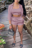Red Fashion Casual Solid Basic Turndown Collar Half Sleeve Three-piece Set