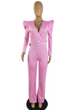 Rose Red Fashion Casual Solid With Belt V Neck Regular Jumpsuits
