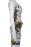 Multicolor Fashion Sexy Print Bandage Hollowed Out Oblique Collar Long Sleeve Dresses