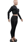 Black Casual Street Solid Split Joint Zipper Long Sleeve Two Pieces