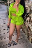 Red Fashion Casual Solid Basic Turndown Collar Half Sleeve Three-piece Set
