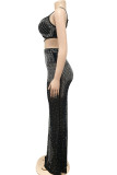 Black Sexy Solid Patchwork Hot Drill Spaghetti Strap Sleeveless Two Pieces