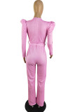 Rose Red Fashion Casual Solid With Belt V Neck Regular Jumpsuits