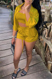 Red Fashion Casual Solid Basic Turndown Collar Half Sleeve Three-piece Set