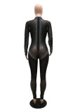 Black Fashion Sexy Hot Drilling Tassel See-through Half A Turtleneck Regular Jumpsuits