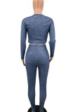 Blue Casual Solid Patchwork Asymmetrical O Neck Long Sleeve Two Pieces