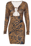 Brown Fashion Sexy Print Bandage Hollowed Out V Neck Long Sleeve Dresses