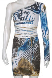 Multicolor Fashion Sexy Print Bandage Hollowed Out Oblique Collar Long Sleeve Dresses