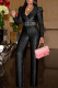 Black Fashion Casual Solid With Belt V Neck Regular Jumpsuits