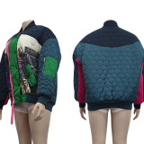 Turquoise Street Print Patchwork Buckle Outerwear