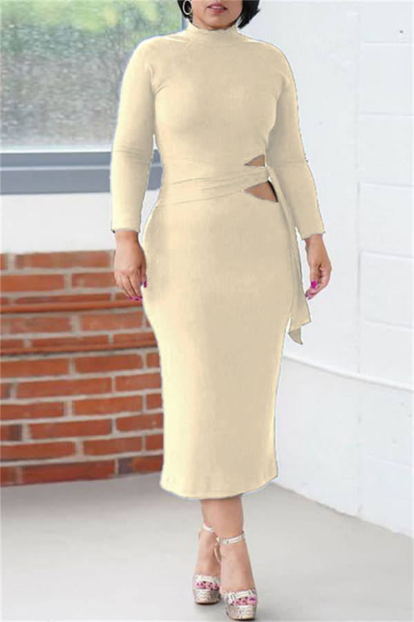 Beige Fashion Casual Solid Bandage Hollowed Out O Neck Long Sleeve Dresses