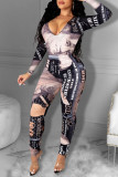 Black Sexy Print Patchwork V Neck Regular Jumpsuits