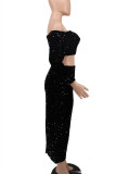 Black Fashion Sexy Solid Sequins Split Joint Off the Shoulder Long Sleeve Two Pieces