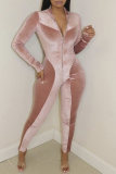 Pink Fashion Casual Solid Patchwork Zipper Collar Skinny Jumpsuits