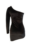 Black Fashion Sexy Solid Hollowed Out Backless Oblique Collar Long Sleeve Dresses