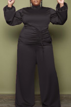 Black Fashion Casual Solid Draw String Turtleneck Plus Size Two Pieces