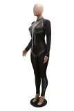 Black Fashion Sexy Hot Drilling Tassel See-through Half A Turtleneck Regular Jumpsuits