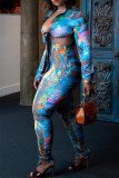 Blue Fashion Sexy Print Tie Dye Bandage Turndown Collar Long Sleeve Two Pieces